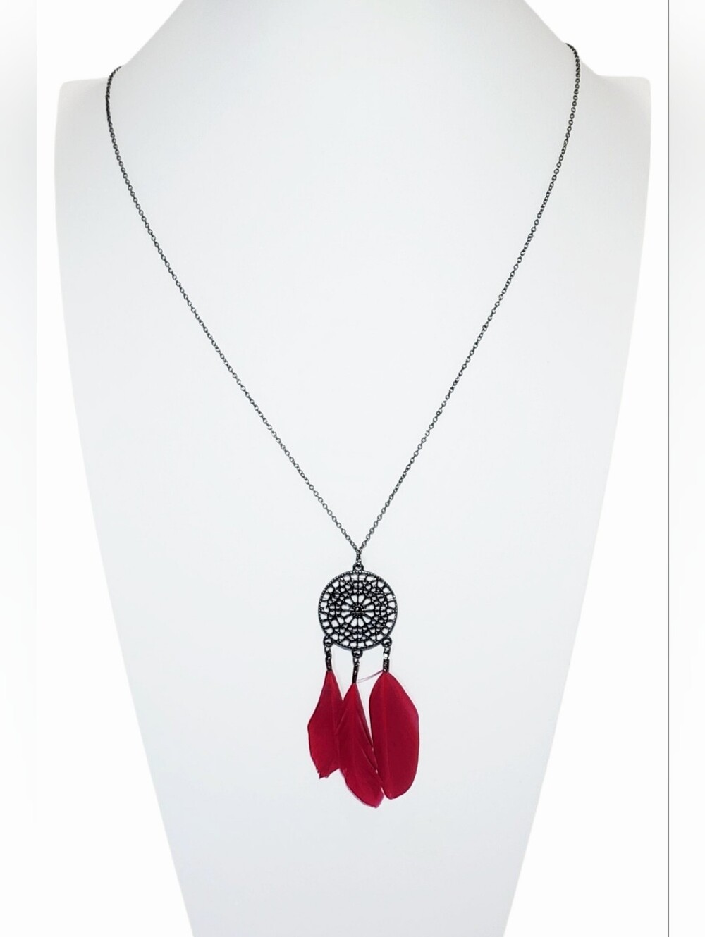 Claire's Red Feathered Pendant Necklace Gunmetal Tone